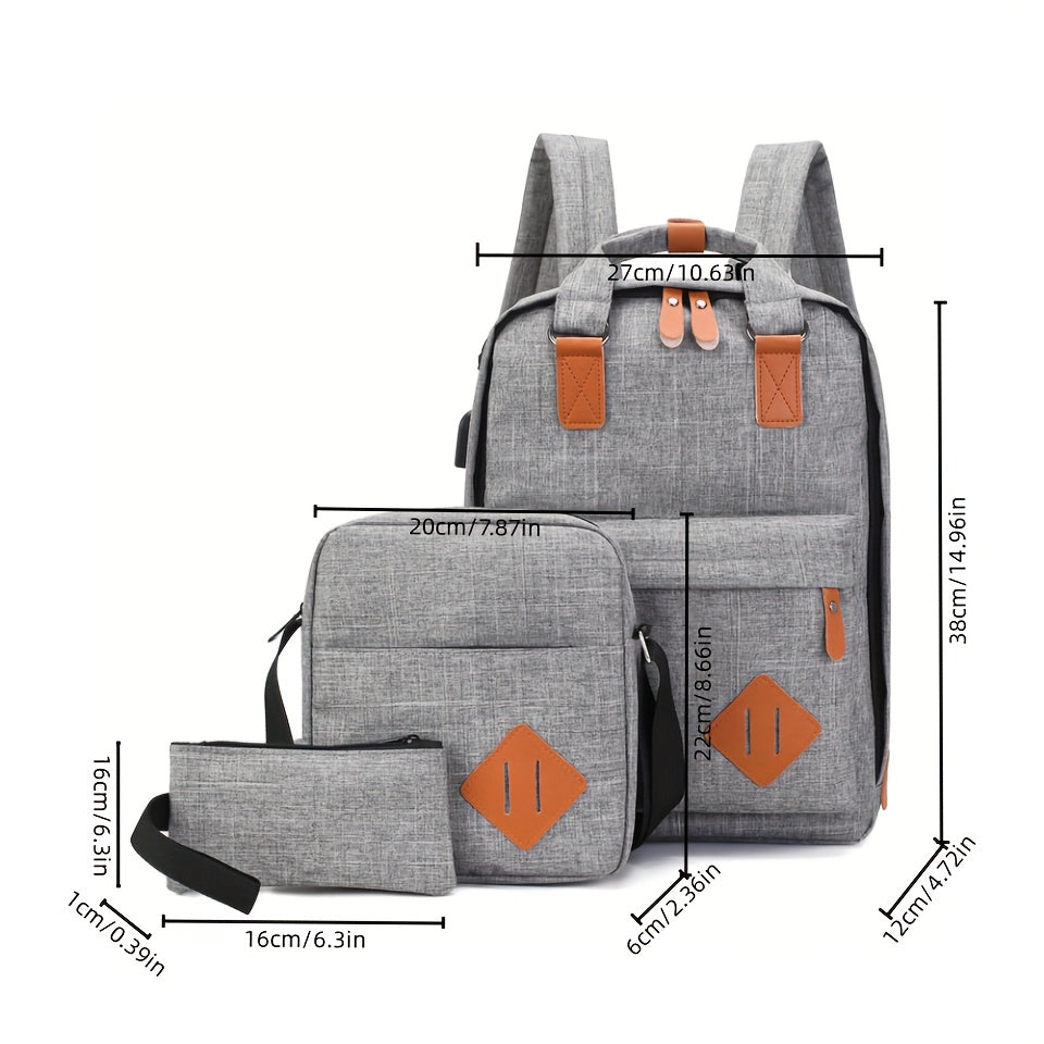 3-Pcs Business Travel Computer Bag, Fashionable Casual Multi-functional Large Capacity Shoulder Bag with USB Charging Port, Daily Commuting Simple Single Shoulder Crossbody Bag, Portable Travel Handbag/ Makeup Bag/ Headphone