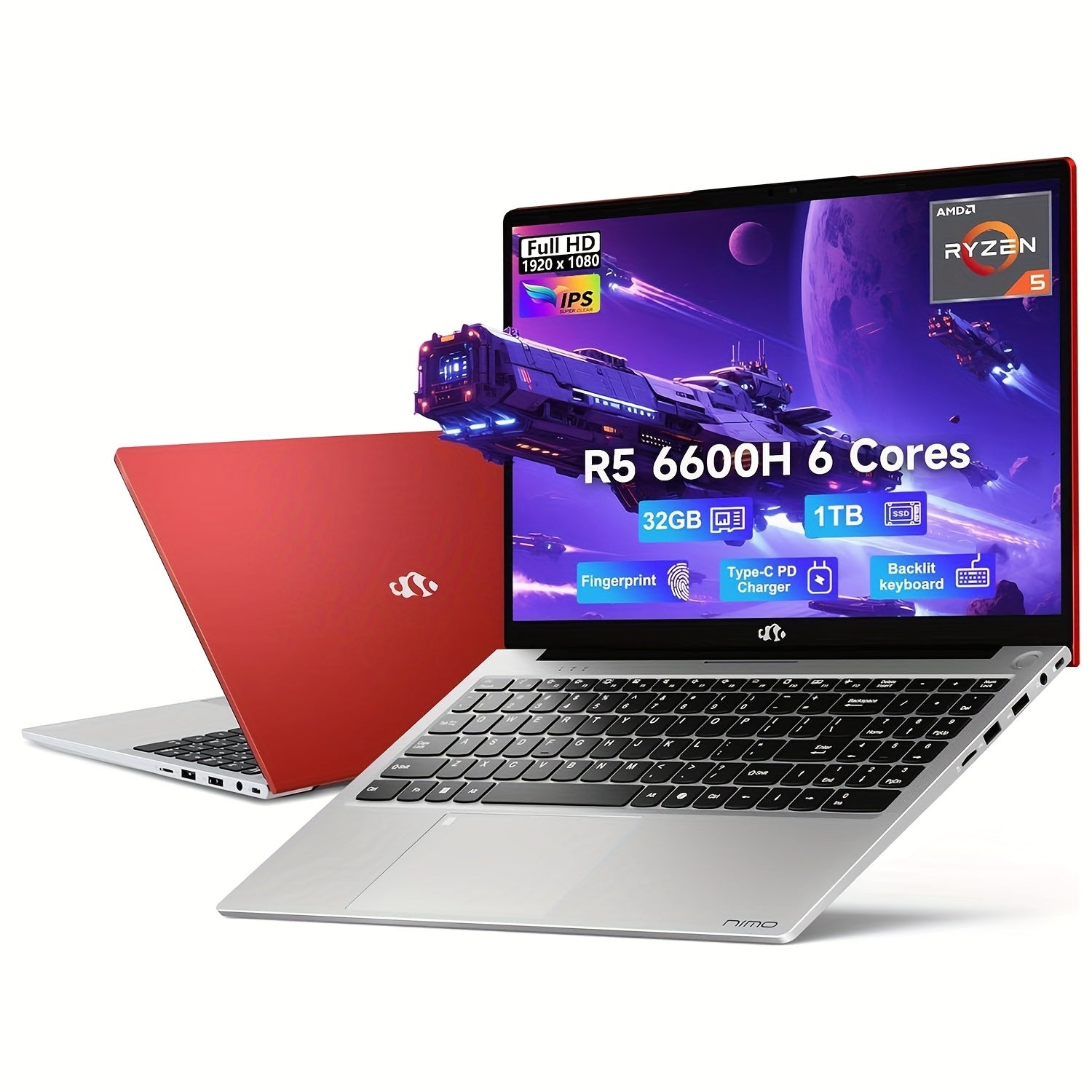 15.6" IPS FHD Gaming Laptop, AMD Ryzen 5 6600H 6-Cores 660m GPU 32GB DDR5 RAM 1TB SSD (Beat I7-1165G7, Up to 4.5GHz)Computer with 100W GaN Type C Fingerprint Backlit Keyboard Wi-Fi6 Business Laptop (Blue/Red/Silvery)