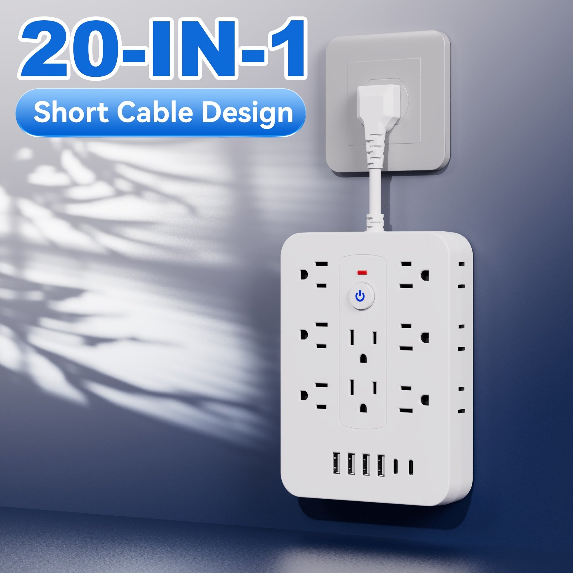 20in 1 power strip with surge protection, including 14 AC sockets, 6 USB ports (including 2 Type-C), overload protection, extension cord with USB ports, power board surge protector, USB wall plug with multiple sockets, multi