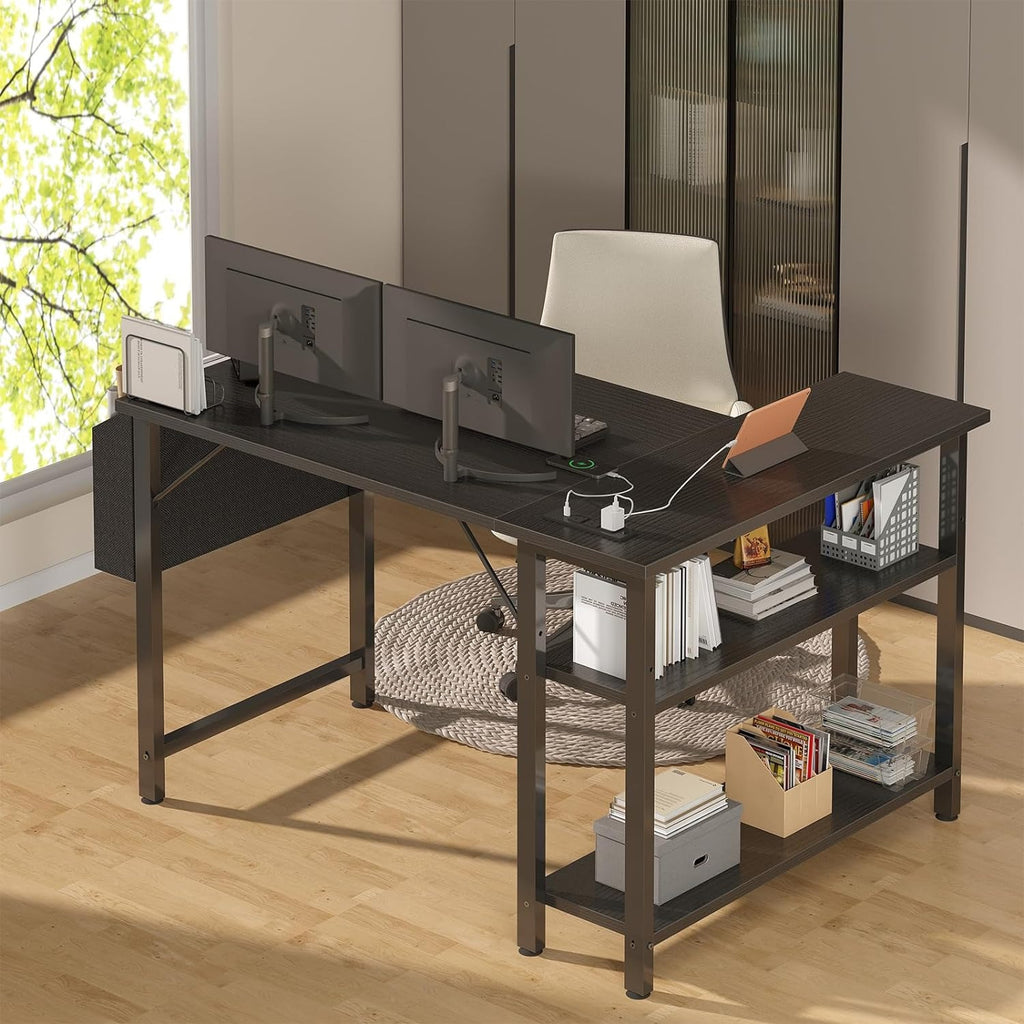 Lufeiya Black Gaming Computer Desk L Shaped With Power Outlet Shelves, 40 Inch Small Furniture Corner Desk For Small Space Home Office Tools Study Table Vanity