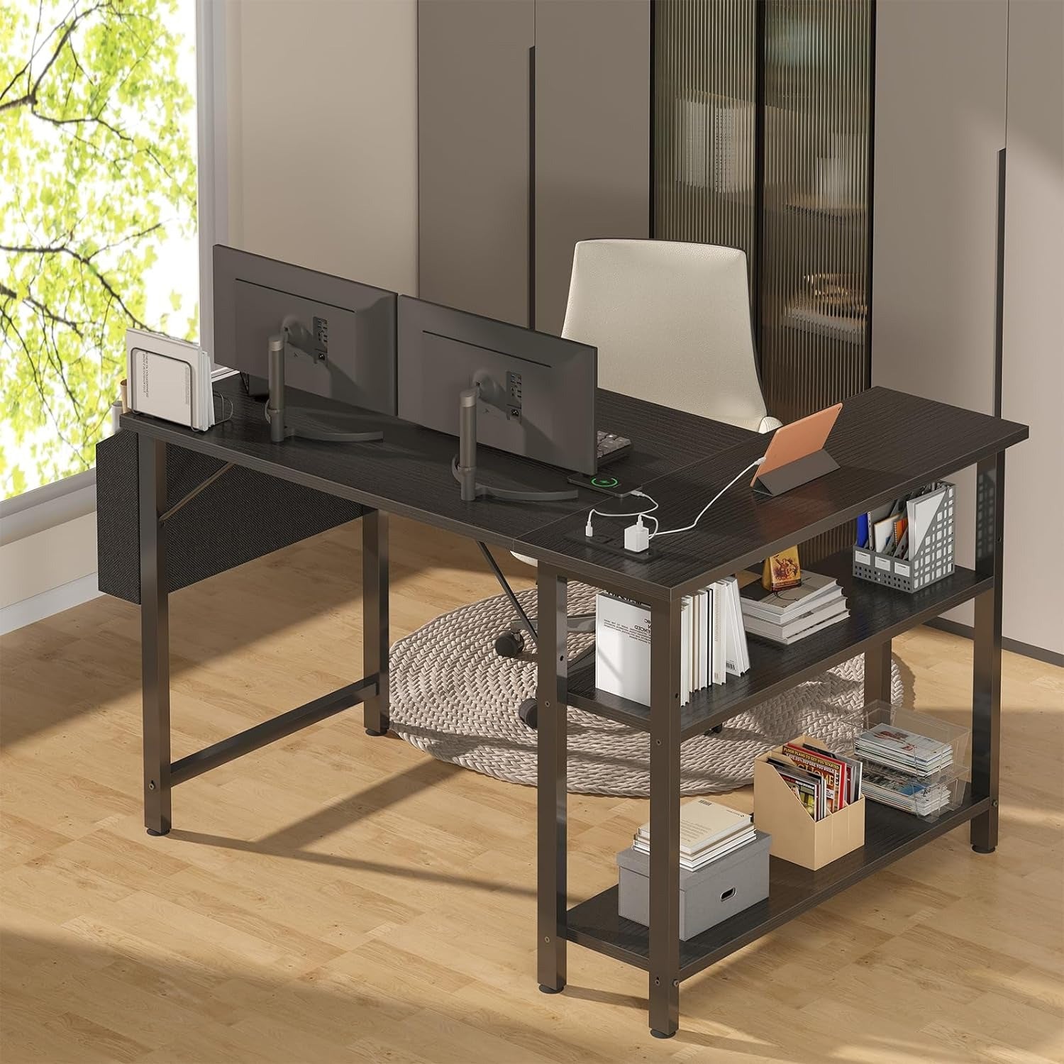 Lufeiya Black Gaming Computer Desk L Shaped With Power Outlet Shelves, 40 Inch Small Furniture Corner Desk For Small Space Home Office Tools Study Table Vanity