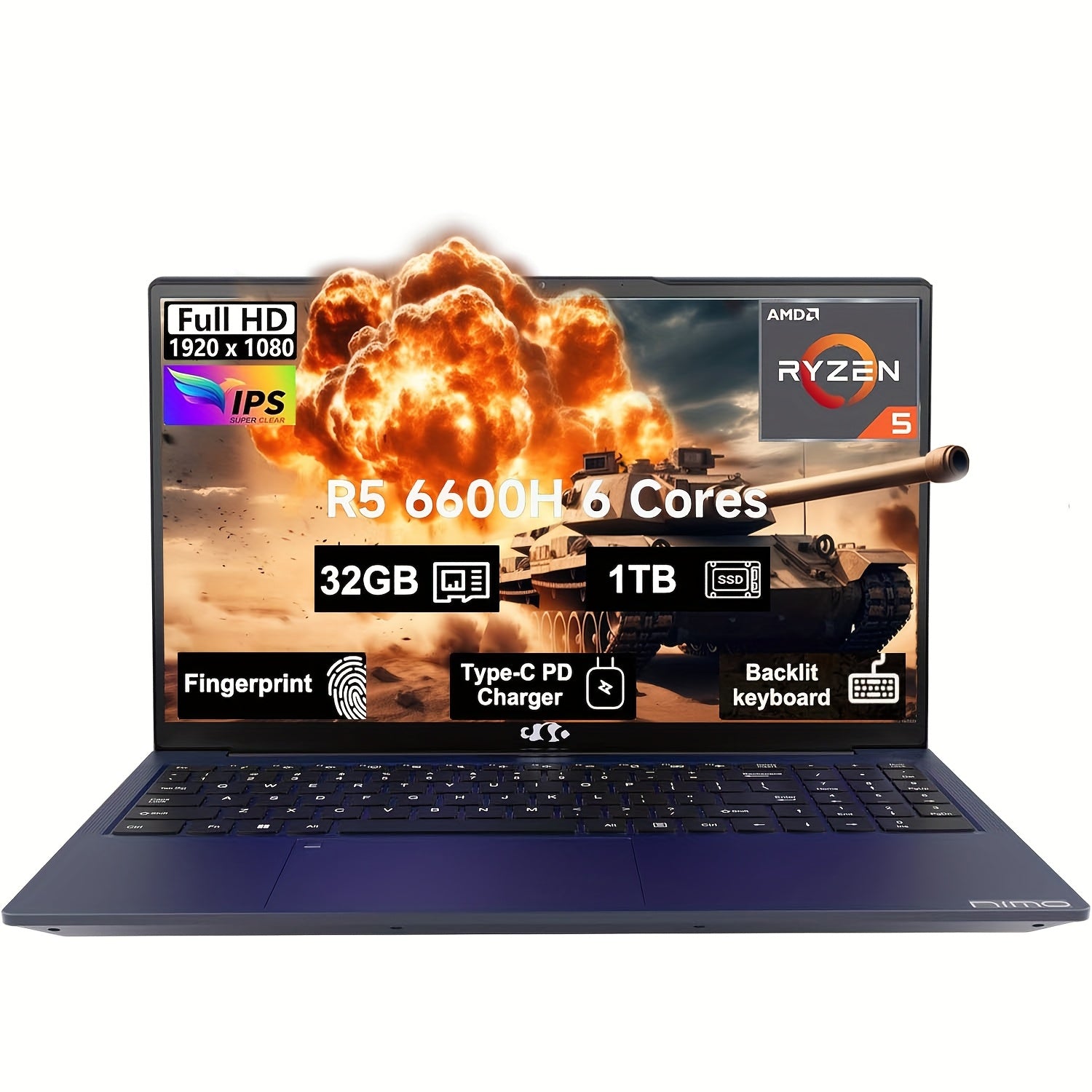 15.6 Gaming-Laptop, 6-Cores AMD Ryzen 5 6600H 660m 6nm GPU, 32GB DDR5 1TB SSD 100W Type-C FHD IPS Business-Laptop-Computer with Fingerprint Backlit Keyboard WiFi5