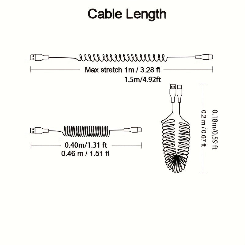 5A 66W USB To Type C Fast Charging Data Cable For Xiaomi Redmi POCO Honor Samsung OPPO VIVO Mobile Phone Charger Accessories Car USB Charge Cable Spring Telescopic USB C Cord Max Stretch 39.37inch/59.06inch