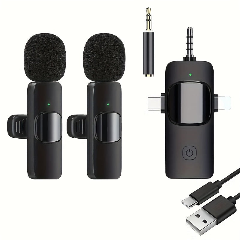 3-in-1 Receiver Wireless Lavalier Microphone Clear Radio Mini Mic For iPhone - Android Phone/Camera/Computer/Laptop, Dual Lapel Mic with USB-C/3.5mm Plug for Video Recording, Vlog, Livestream, Podcast, Online Teaching Meeting