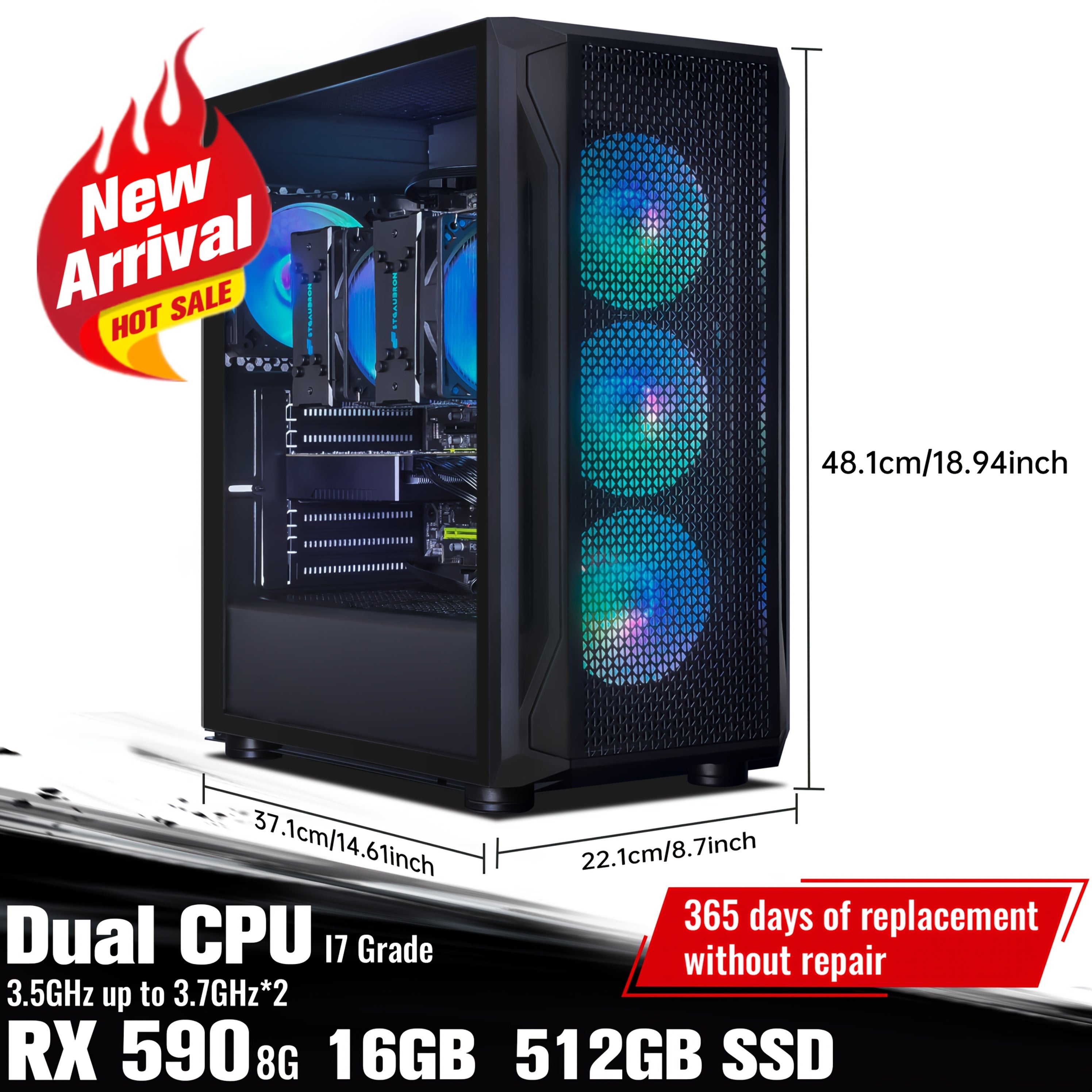STGAubron Gaming PC Computer Desktop, Radeon RX 590 8G, Dual I7 Xeon E5 Up to 3.7GHz, 16G DDR4, 512G SSD, 600m WiFi, Wireless 5.0, RGB Fan X 4, RGB Mouse Pad, Windows 10 Pro