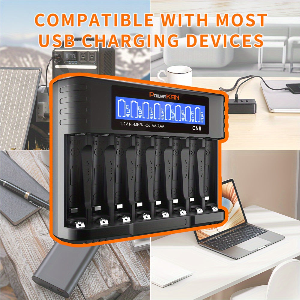PowerKAN 8-slot AA AAA Battery Charger, 500mA*8-slot High-speed Charging And USB-C Input LED Battery Charger For 1.2V Ni-MH/Ni-CD Rechargeable Batteries (USB-C Cable Included)