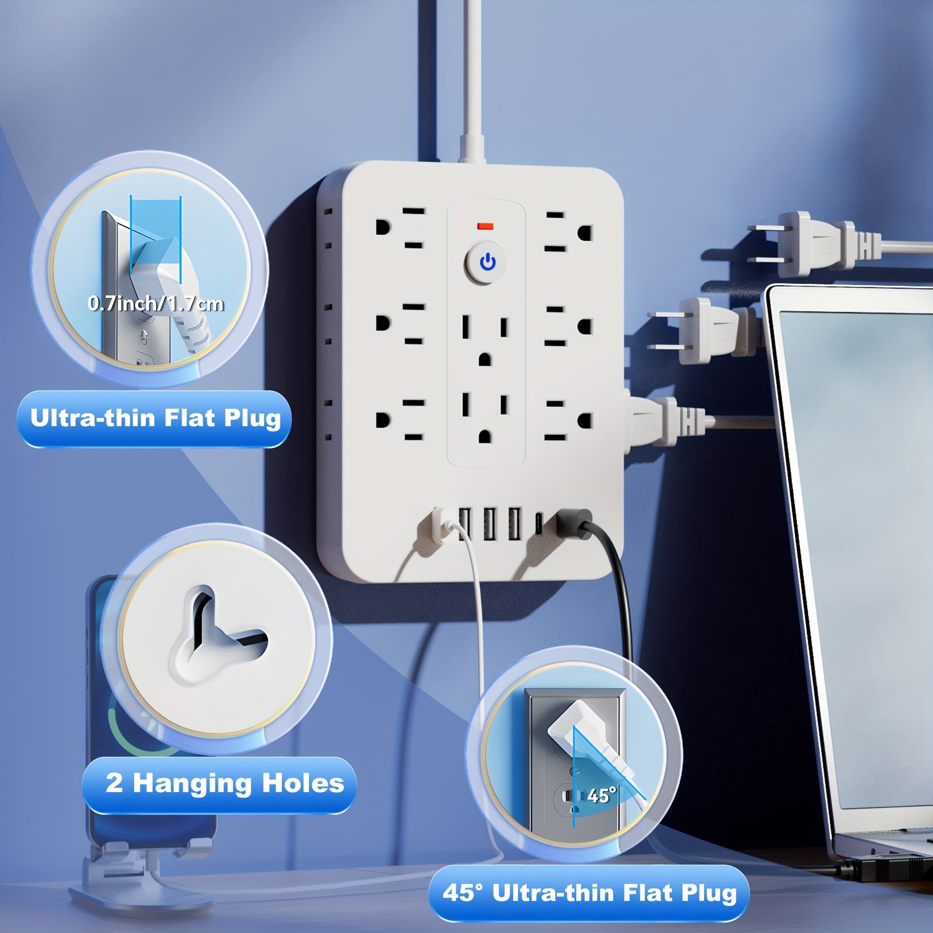 20in 1 power strip with surge protection, including 14 AC sockets, 6 USB ports (including 2 Type-C), overload protection, extension cord with USB ports, power board surge protector, USB wall plug with multiple sockets, multi