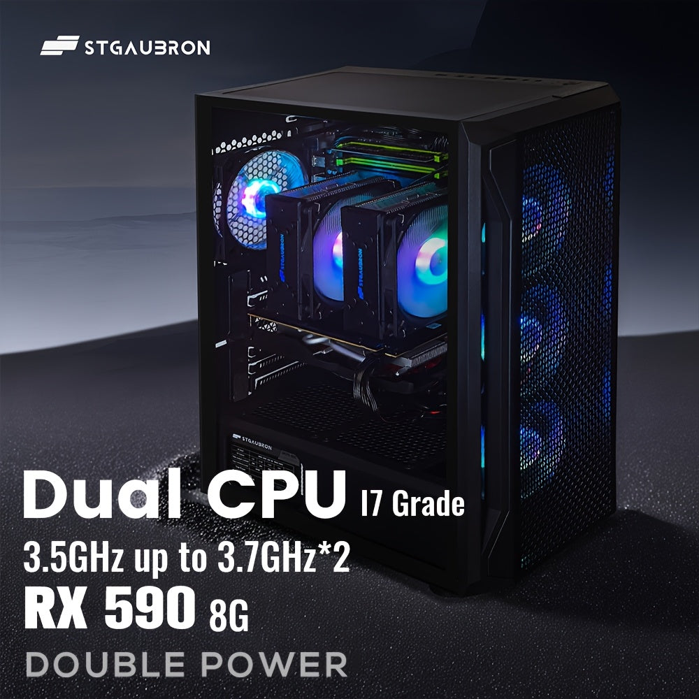 STGAubron Gaming PC Computer Desktop, Radeon RX 590 8G, Dual I7 Xeon E5 Up to 3.7GHz, 16G DDR4, 512G SSD, 600m WiFi, Wireless 5.0, RGB Fan X 4, RGB Mouse Pad, Windows 10 Pro