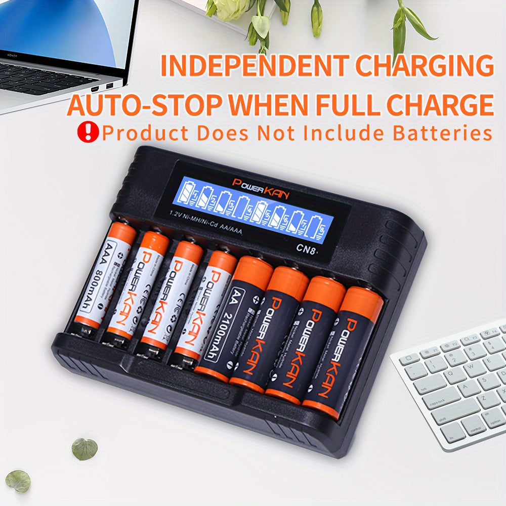 PowerKAN 8-slot AA AAA Battery Charger, 500mA*8-slot High-speed Charging And USB-C Input LED Battery Charger For 1.2V Ni-MH/Ni-CD Rechargeable Batteries (USB-C Cable Included)
