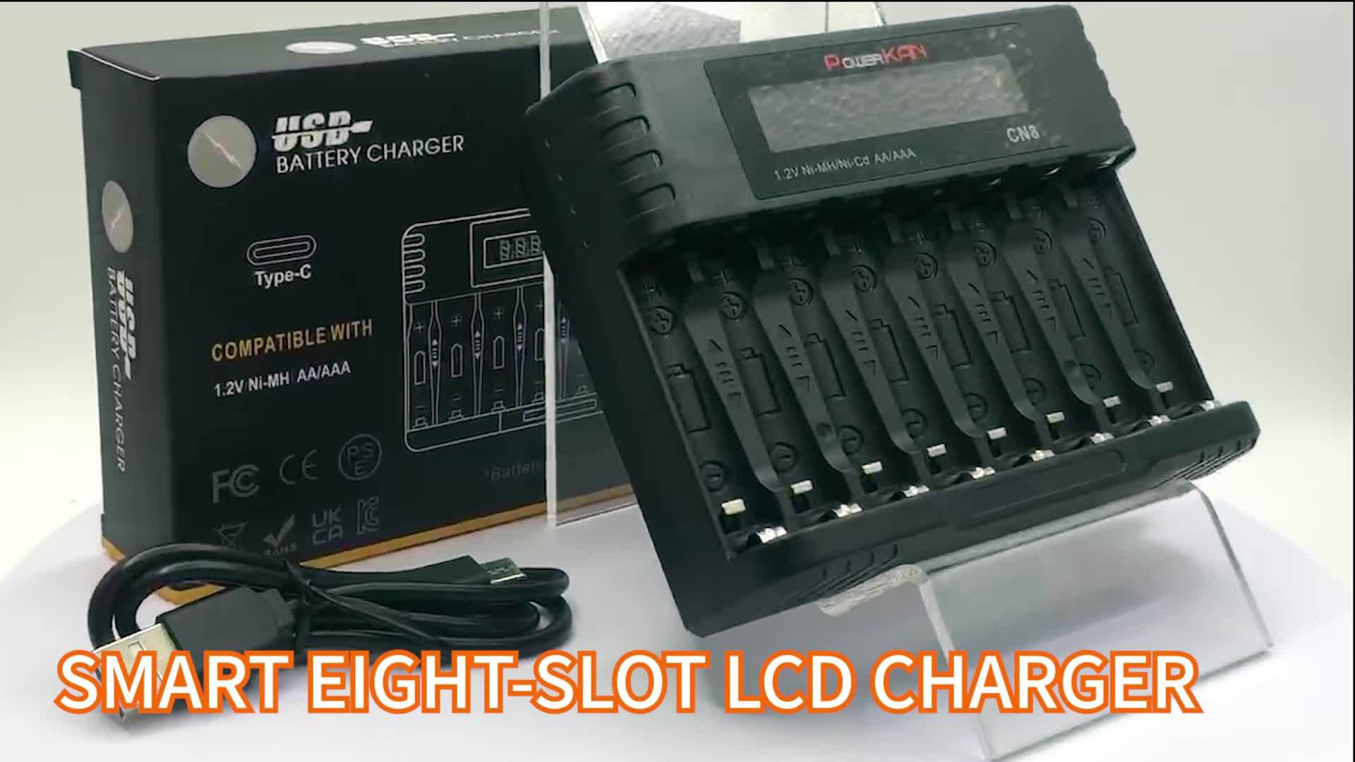PowerKAN 8-slot AA AAA Battery Charger, 500mA*8-slot High-speed Charging And USB-C Input LED Battery Charger For 1.2V Ni-MH/Ni-CD Rechargeable Batteries (USB-C Cable Included)