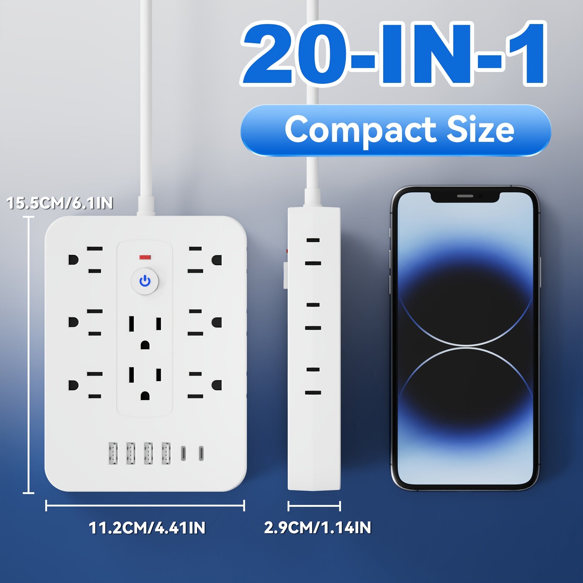 20in 1 power strip with surge protection, including 14 AC sockets, 6 USB ports (including 2 Type-C), overload protection, extension cord with USB ports, power board surge protector, USB wall plug with multiple sockets, multi