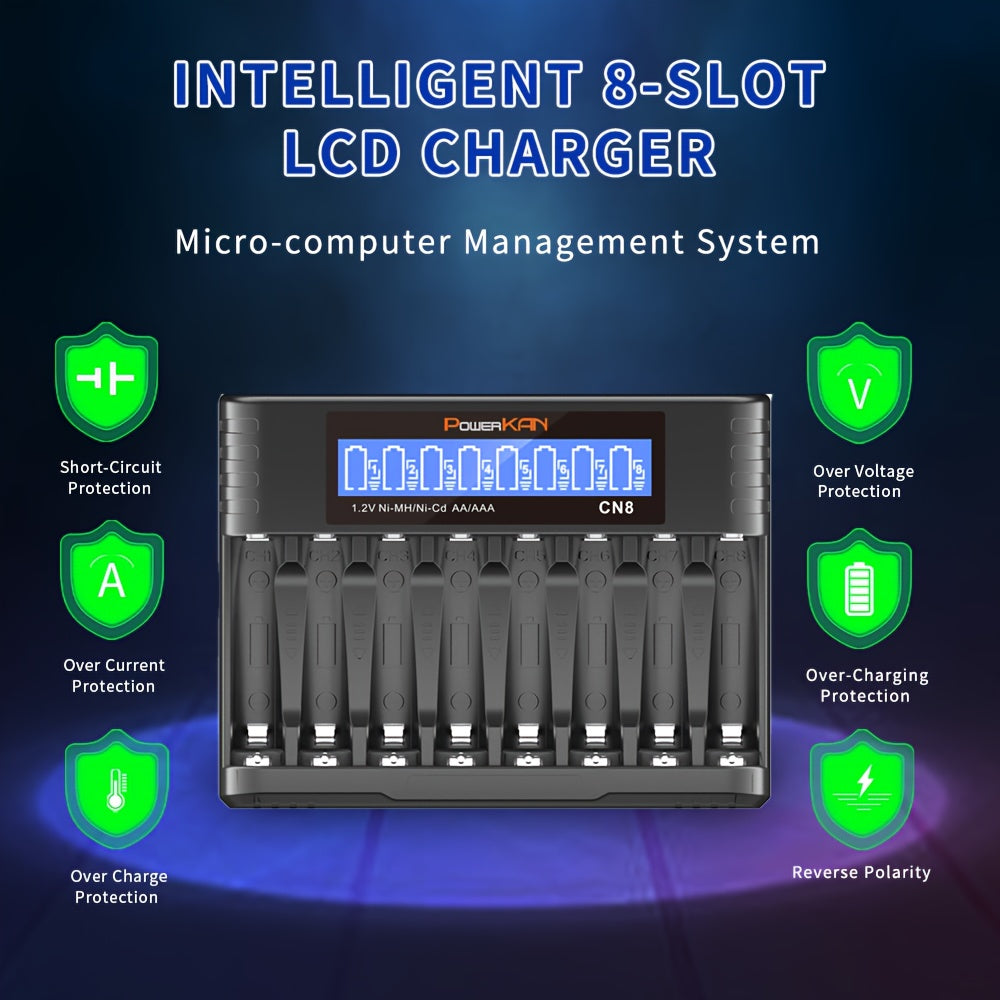 PowerKAN 8-slot AA AAA Battery Charger, 500mA*8-slot High-speed Charging And USB-C Input LED Battery Charger For 1.2V Ni-MH/Ni-CD Rechargeable Batteries (USB-C Cable Included)