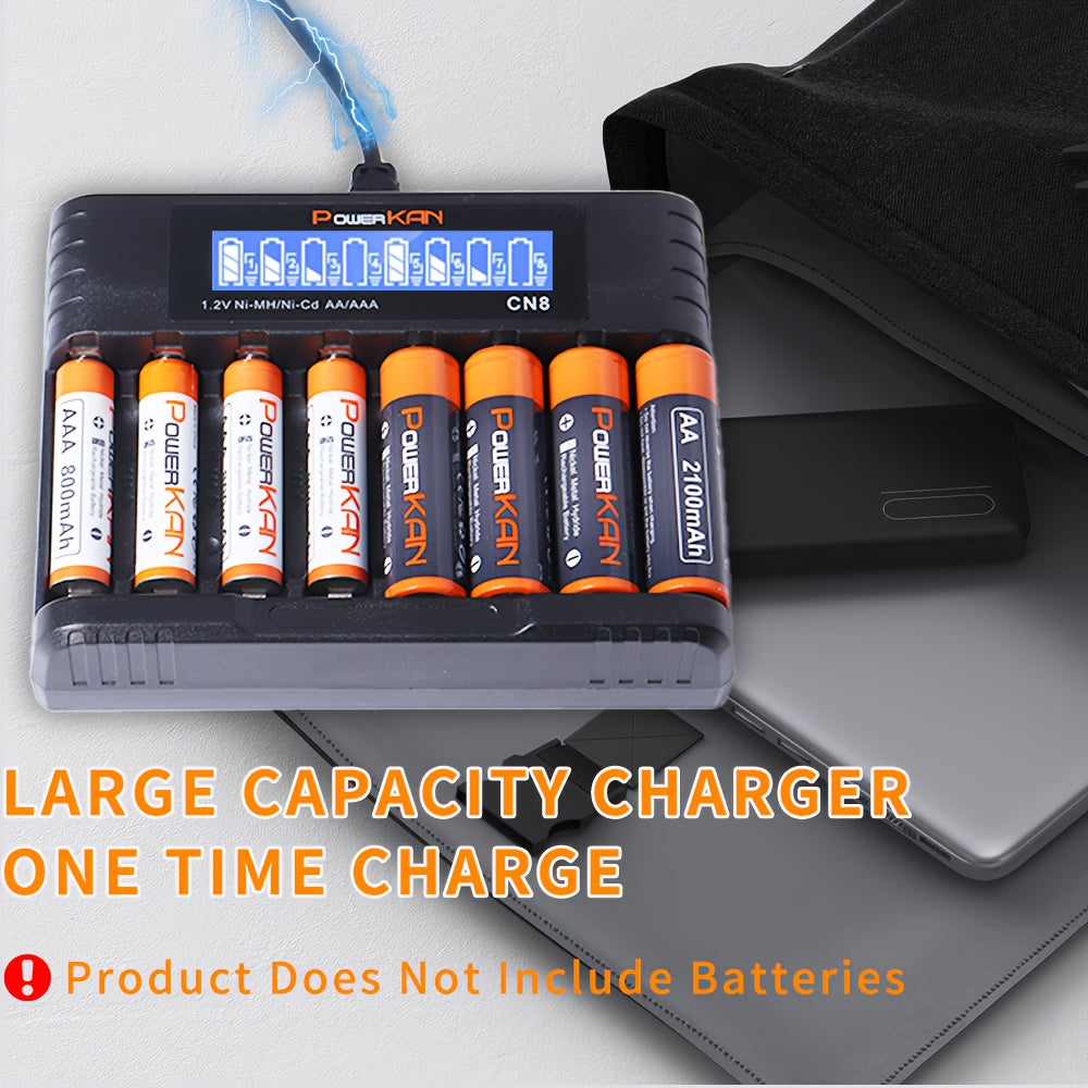 PowerKAN 8-slot AA AAA Battery Charger, 500mA*8-slot High-speed Charging And USB-C Input LED Battery Charger For 1.2V Ni-MH/Ni-CD Rechargeable Batteries (USB-C Cable Included)