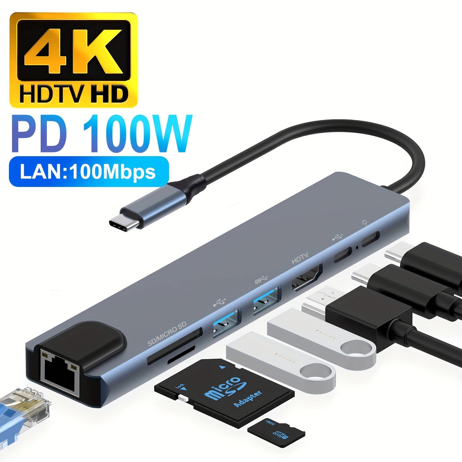 8-in-1 USB-C Hub with 4K HDTV Output, 100W Power Delivery, Ethernet, and Card Reader for MacBook Pro/Air and Type-C Devices