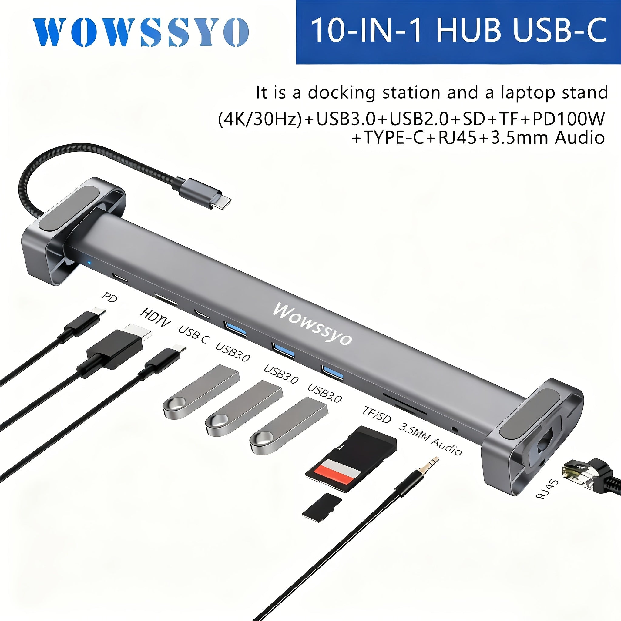 Wowssyo USB C Docking Station, 10in 1 Triple Display USB C Hub with 4KHDTV+PD 100W+RJ45 Ethernet+SD/TF +Audio+ USB 3.0, for MacBook & Windows