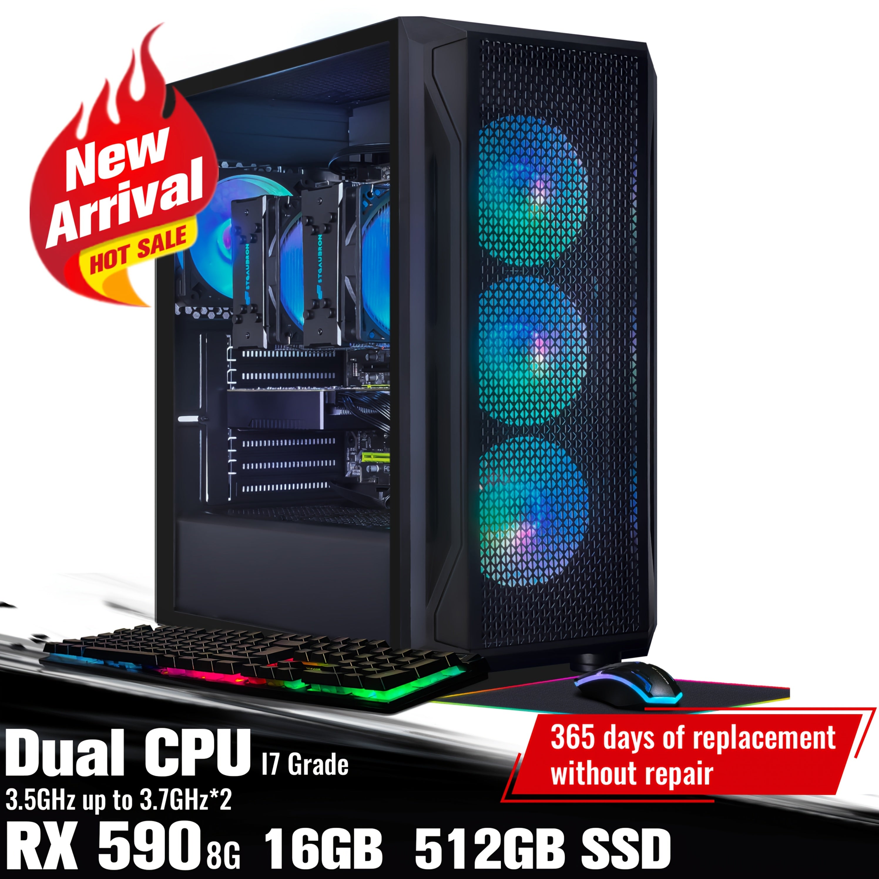 STGAubron Gaming PC Computer Desktop, Radeon RX 590 8G, Dual I7 Xeon E5 Up to 3.7GHz, 16G DDR4, 512G SSD, 600m WiFi, Wireless 5.0, RGB Fan X 4, RGB Mouse Pad, Windows 10 Pro