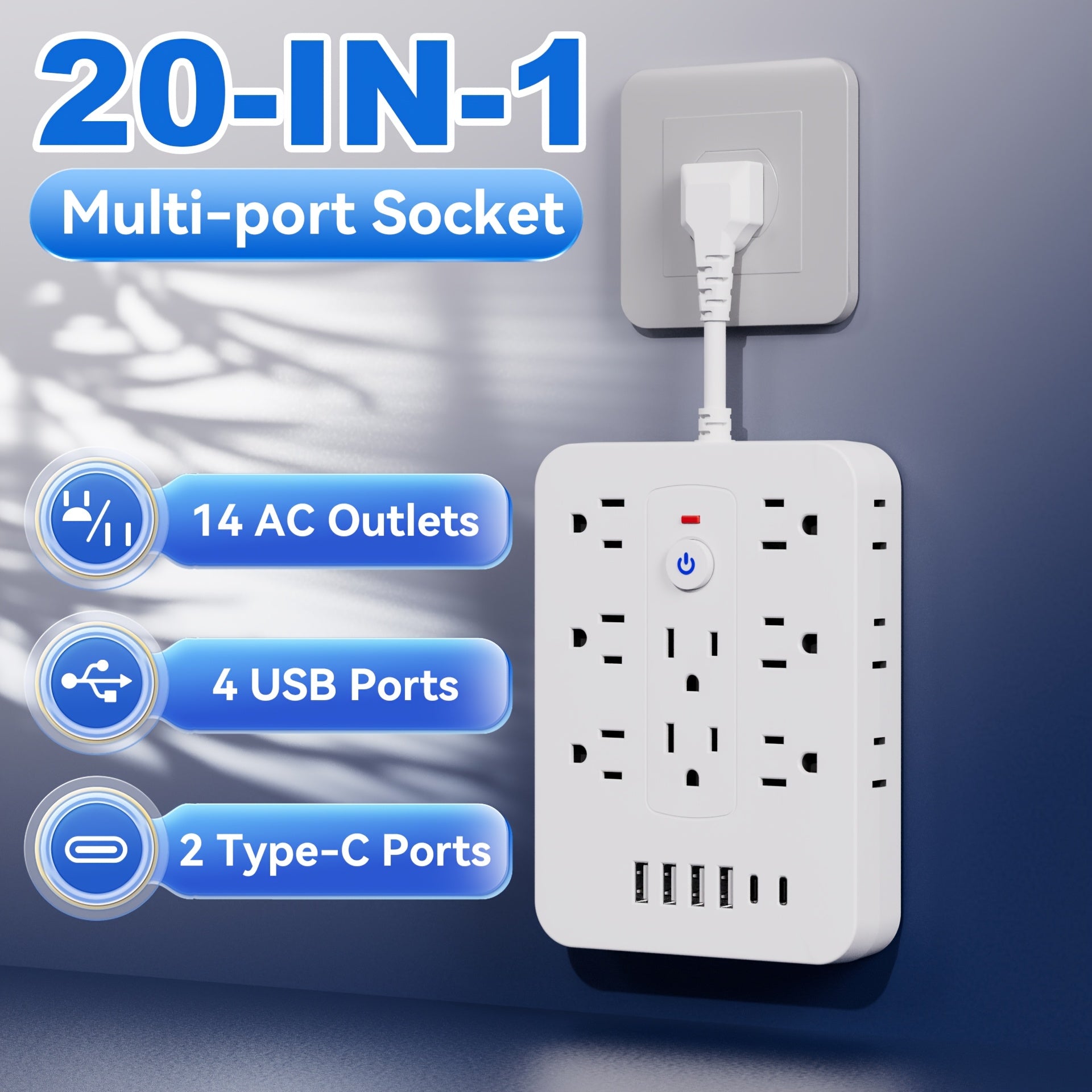 20in 1 power strip with surge protection, including 14 AC sockets, 6 USB ports (including 2 Type-C), overload protection, extension cord with USB ports, power board surge protector, USB wall plug with multiple sockets, multi