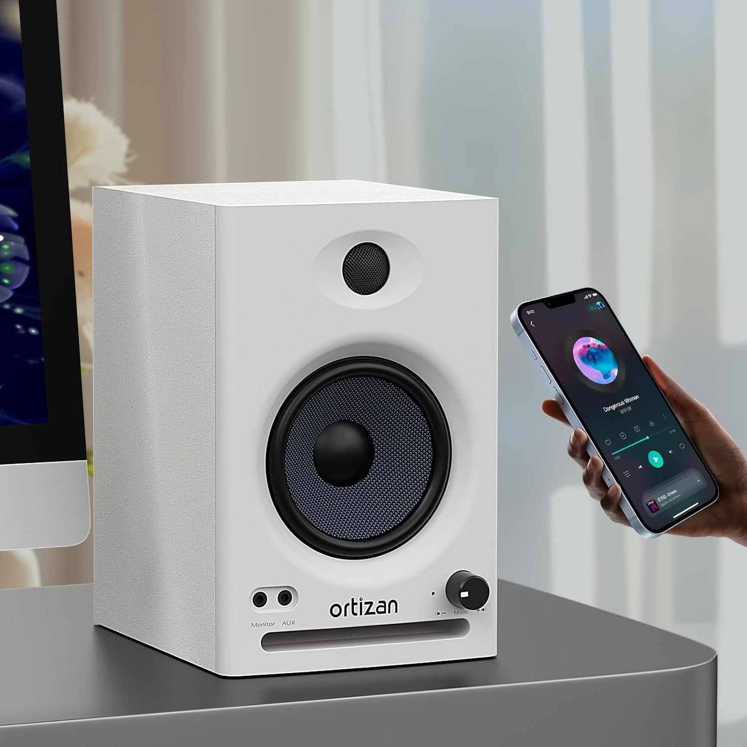 Ortizan C7 Dual-mode Wireless Computer Monitor Game Bookshelf Speaker, Wireless 5.3, 2.0 Recording Studio Monitor, Active Monitoring Speaker for Near-field Music Production. Pair, White/Black, ORTIZAN