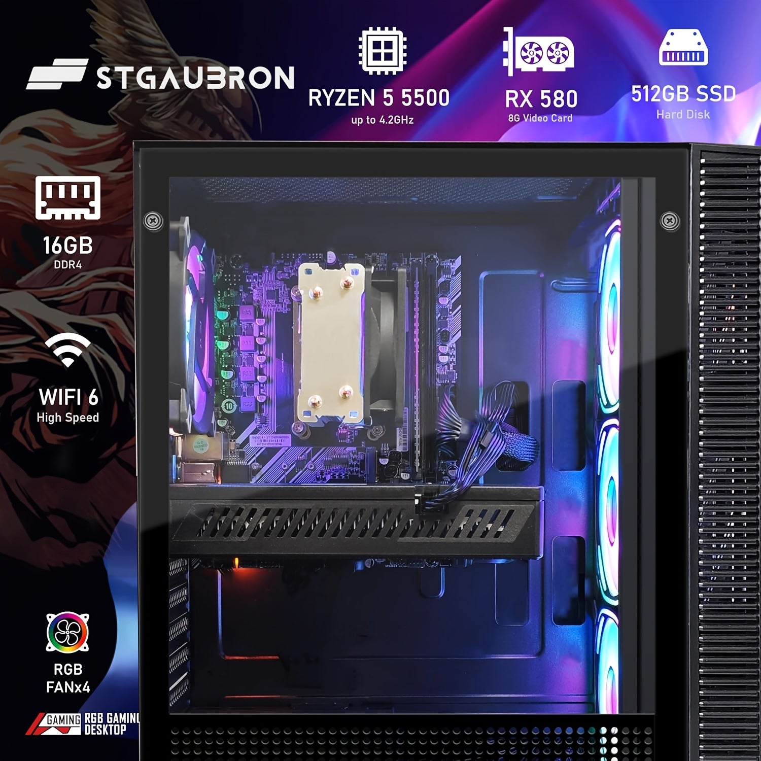 STGAubron Gaming PC Computer Desktop, AMD Ryzen 5 5500 Up To 4.2GHz, Radeon RX 580 8G, 16GB DDR4 RAM, 512GB SSD, WiFi 6 5G Supported, RGB Fan X4, Windows 11 Home