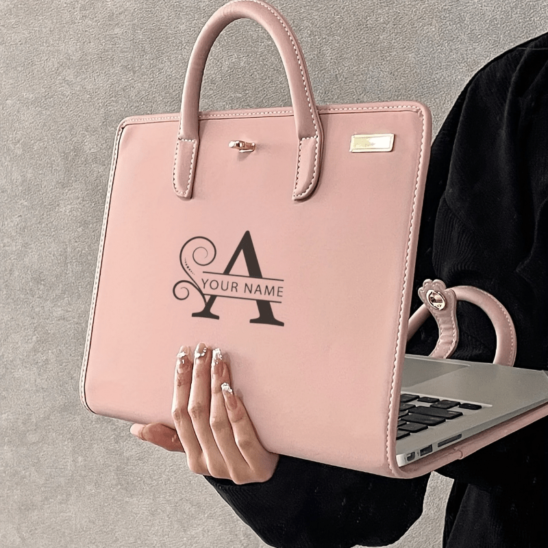 1pc Personalized Pink PU Leather Laptop Bag with Custom Name/Initials, Magnetic Flap Closure, Lightweight Briefcase - Soft Pink PU Leather Computer Case Compatible with MacBook Air/Pro, iPad, for Women & Men, Office, School,