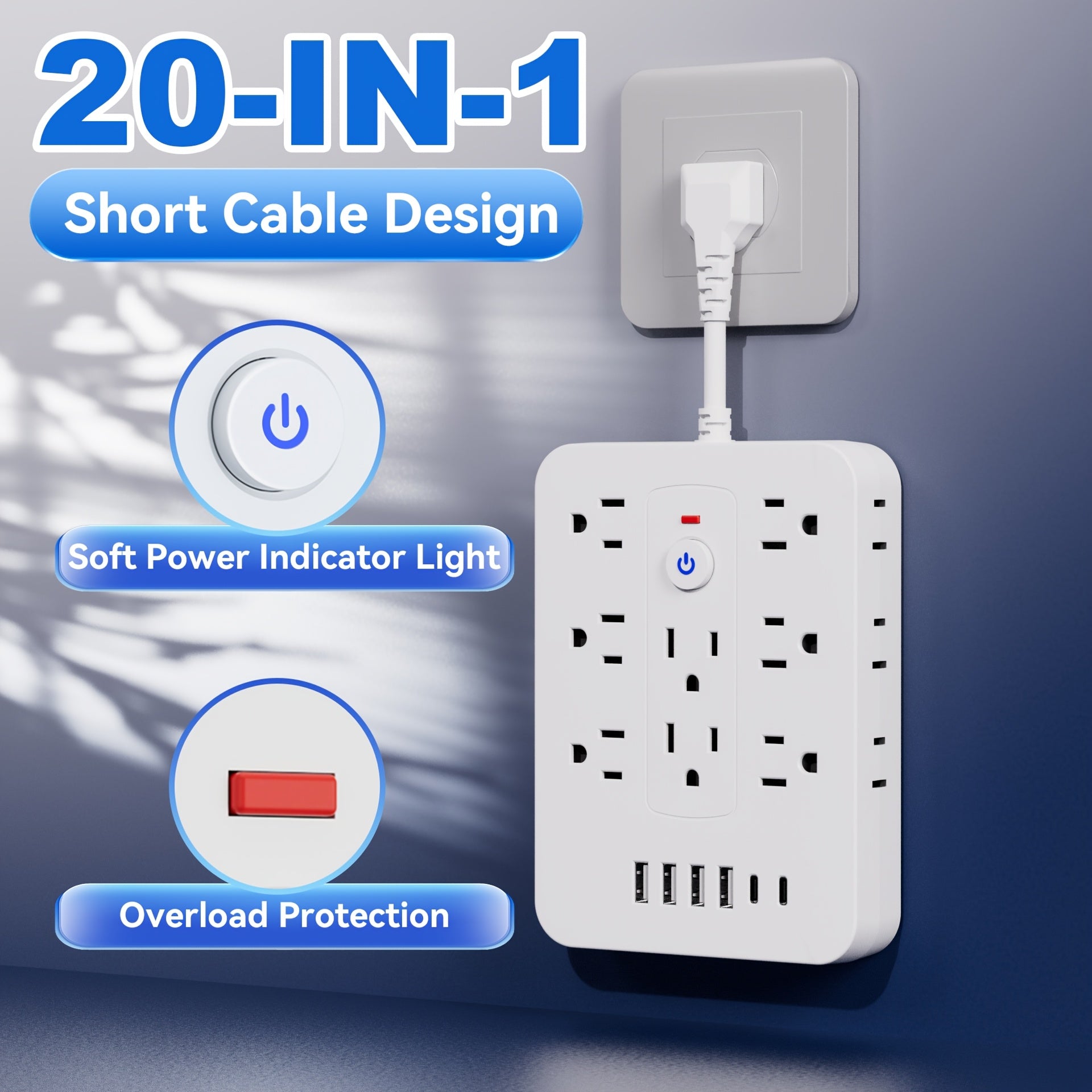 20in 1 power strip with surge protection, including 14 AC sockets, 6 USB ports (including 2 Type-C), overload protection, extension cord with USB ports, power board surge protector, USB wall plug with multiple sockets, multi