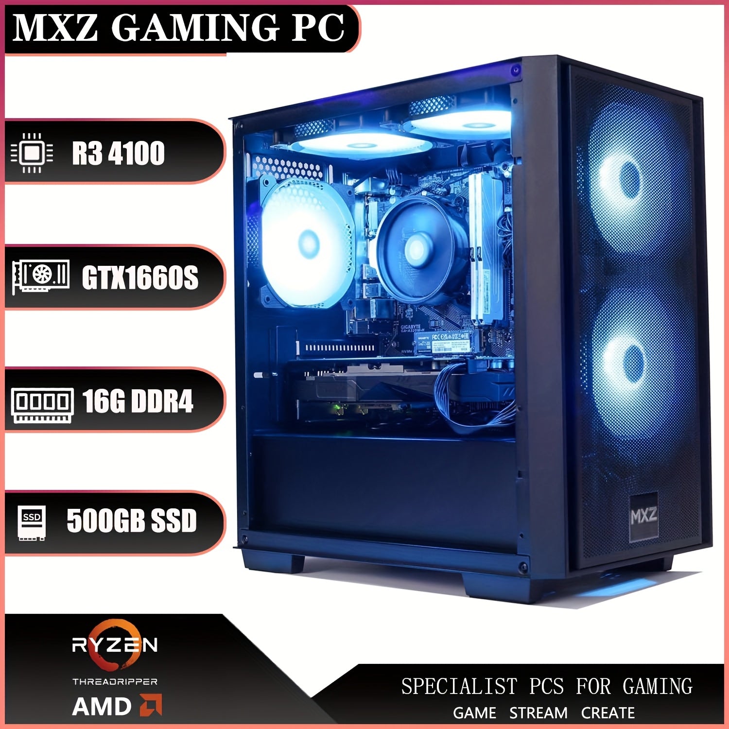 MXZ Gaming PC Desktop Computer, AMD Ryzen 3 4100 3.6GHz, GTX1660S, 16GB (8G*2)DDR4, NVME 500GB SSD, 6RGB Fans, Gamer Desktop Computer(R3 4100|GTX1660S)