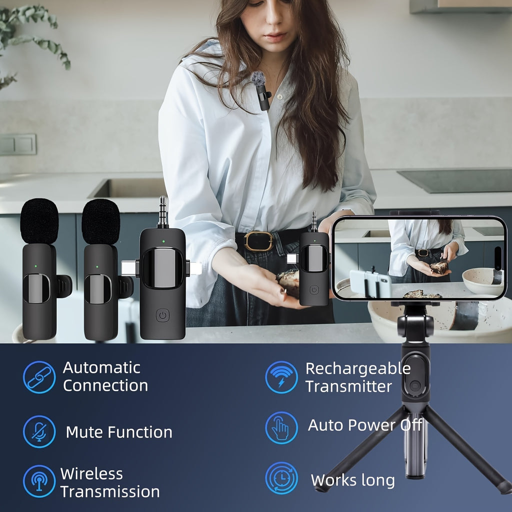 3-in-1 Receiver Wireless Lavalier Microphone Clear Radio Mini Mic For iPhone - Android Phone/Camera/Computer/Laptop, Dual Lapel Mic with USB-C/3.5mm Plug for Video Recording, Vlog, Livestream, Podcast, Online Teaching Meeting