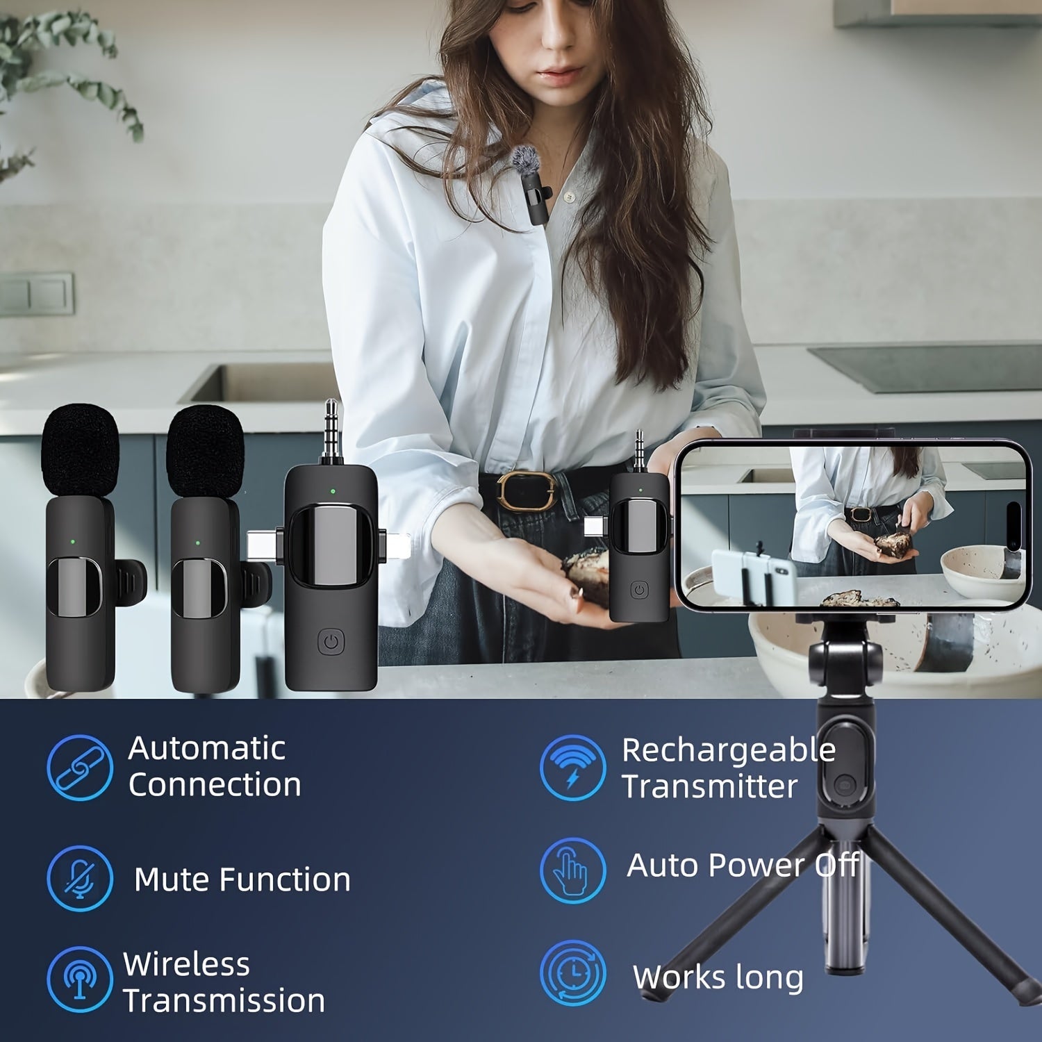 3-in-1 Receiver Wireless Lavalier Microphone Clear Radio Mini Mic For iPhone - Android Phone/Camera/Computer/Laptop, Dual Lapel Mic with USB-C/3.5mm Plug for Video Recording, Vlog, Livestream, Podcast, Online Teaching Meeting