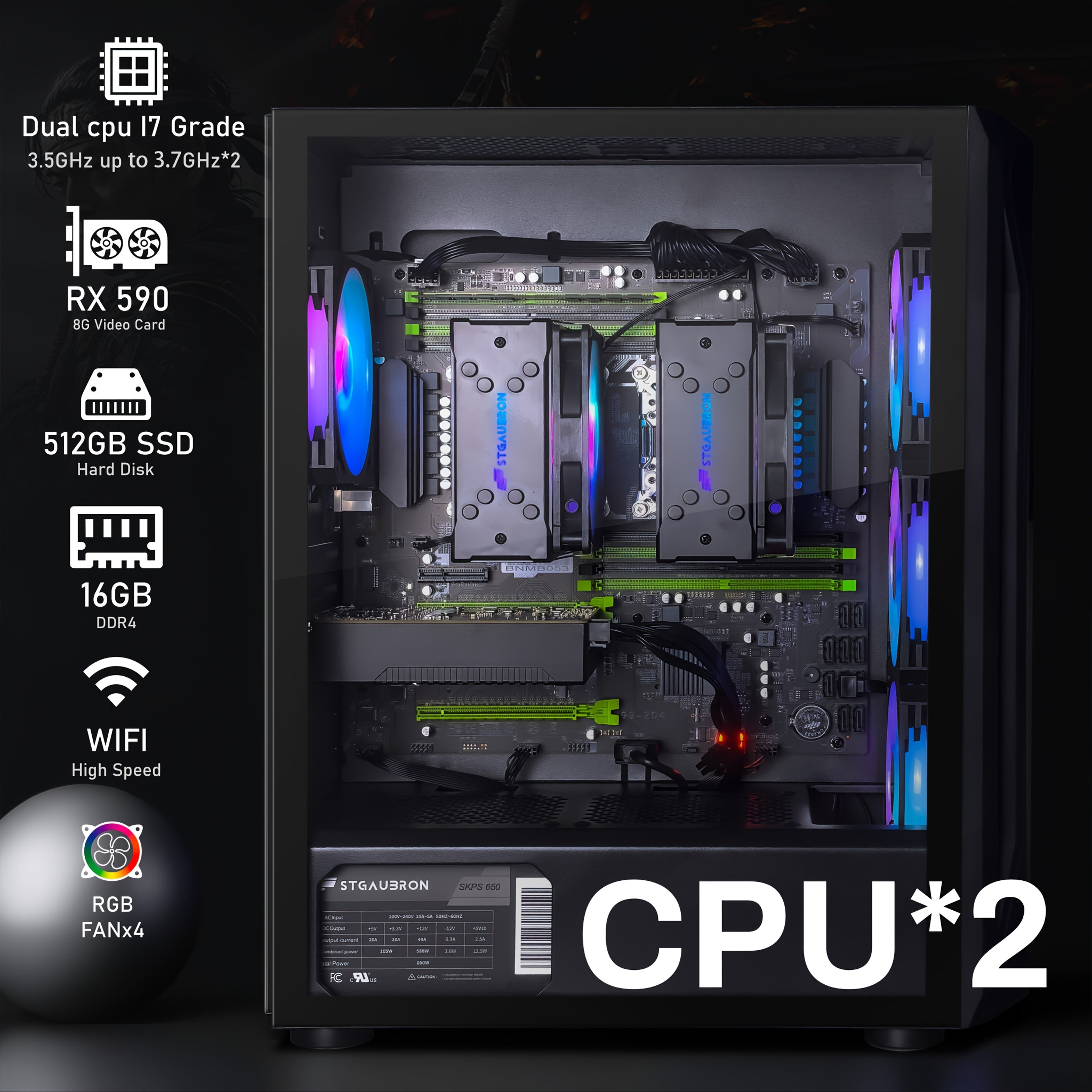 STGAubron Gaming PC Computer Desktop, Radeon RX 590 8G, Dual I7 Xeon E5 Up to 3.7GHz, 16G DDR4, 512G SSD, 600m WiFi, Wireless 5.0, RGB Fan X 4, RGB Mouse Pad, Windows 10 Pro