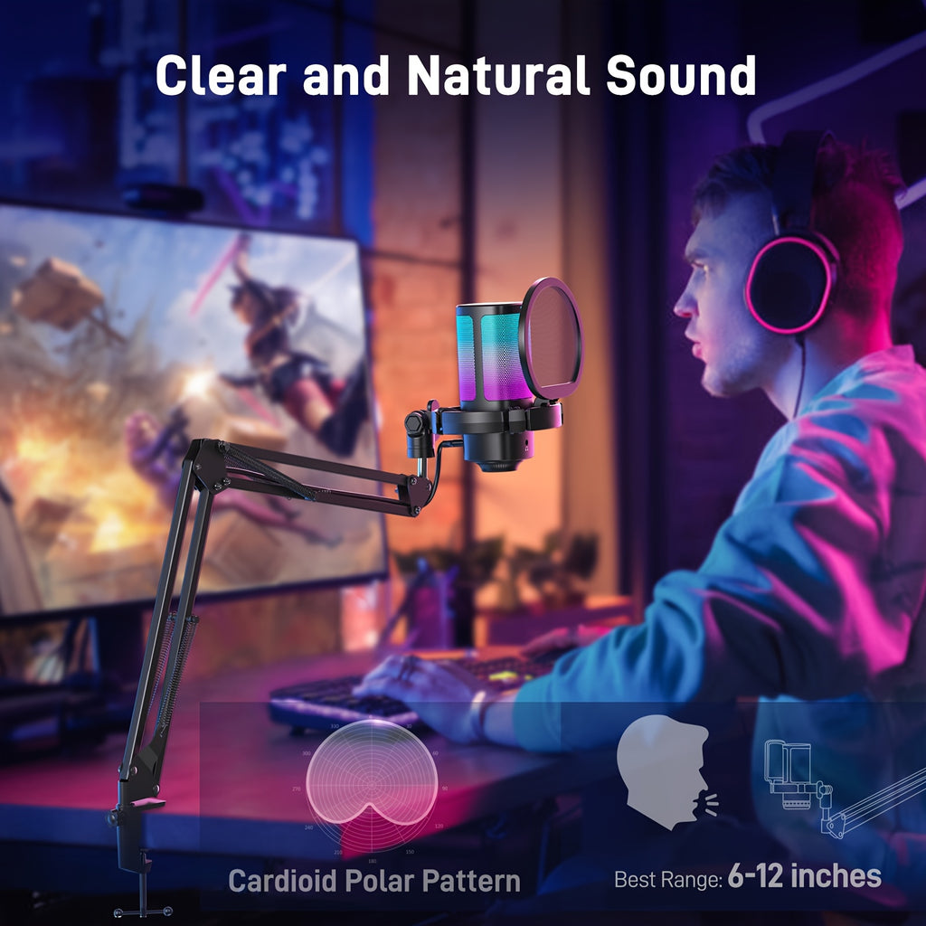 Gaming USB Microphone with RGB Lighting & Adjustable Boom Arm - Noise Cancelling PC/PS4/PS5 Mic, Mute Button & Gain Knob for Streaming, Podcasting, Discord, Twitch - USB-C Computer Accessory, Microphone for Pc, Sleek Mic Desi