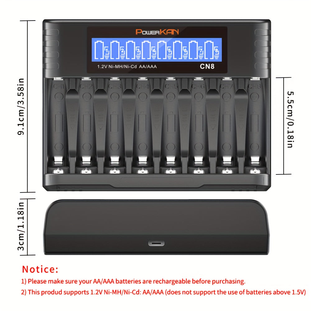 PowerKAN 8-slot AA AAA Battery Charger, 500mA*8-slot High-speed Charging And USB-C Input LED Battery Charger For 1.2V Ni-MH/Ni-CD Rechargeable Batteries (USB-C Cable Included)