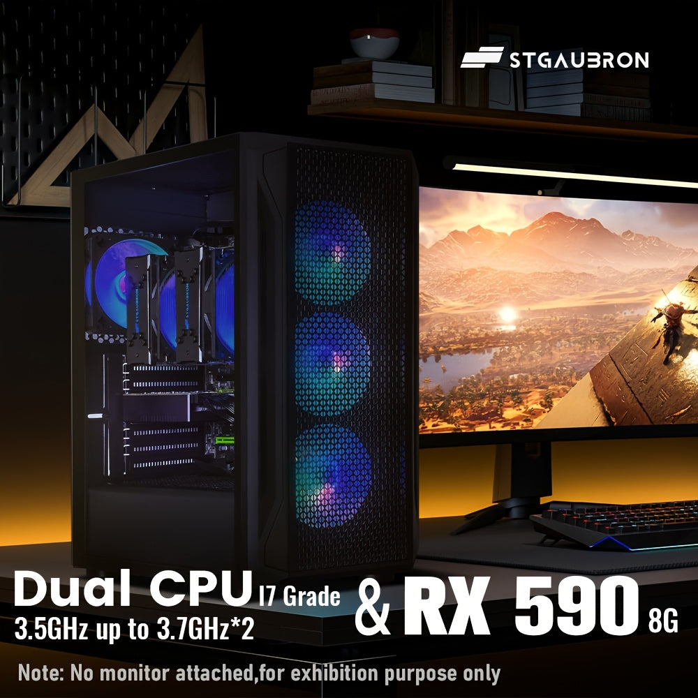 STGAubron Gaming PC Computer Desktop, Radeon RX 590 8G, Dual I7 Xeon E5 Up to 3.7GHz, 16G DDR4, 512G SSD, 600m WiFi, Wireless 5.0, RGB Fan X 4, RGB Mouse Pad, Windows 10 Pro