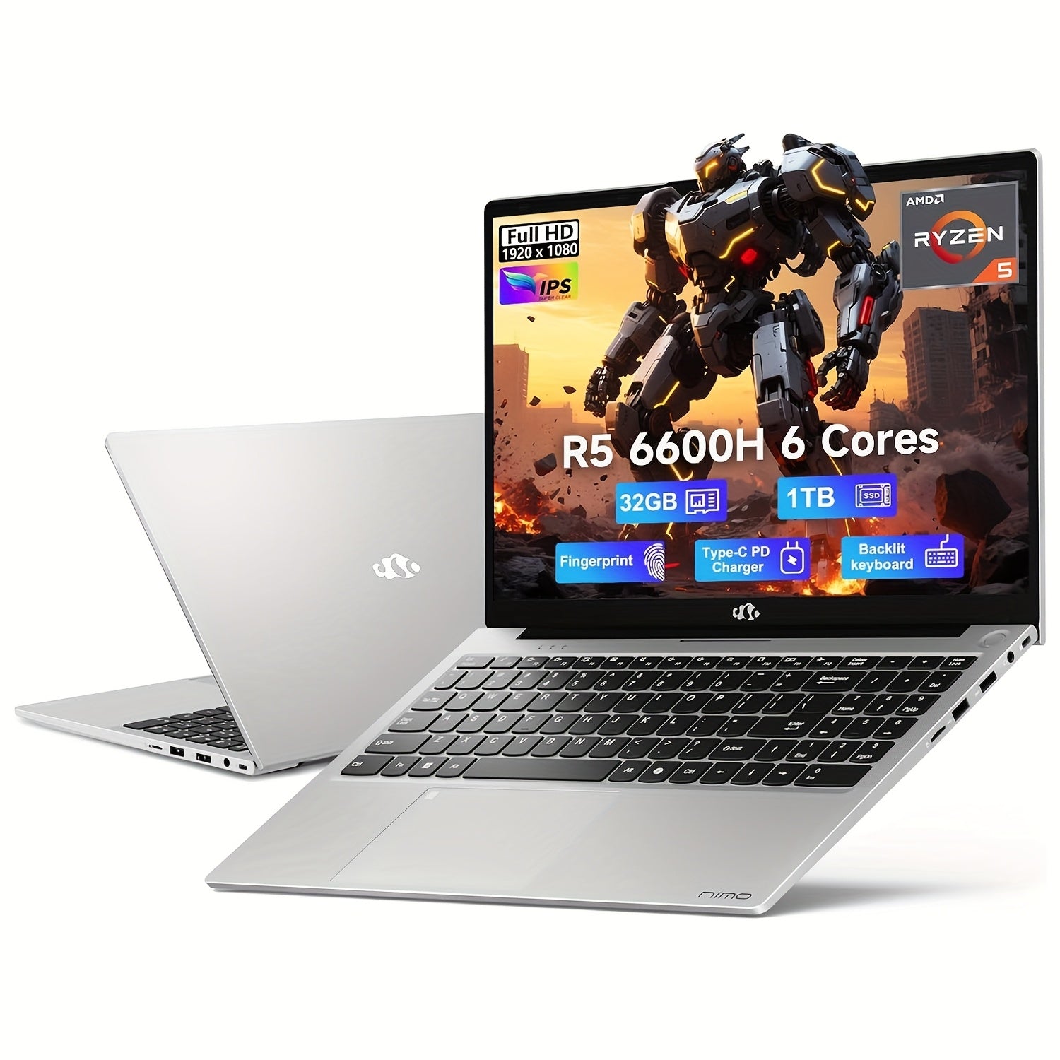 15.6" IPS FHD Gaming Laptop, AMD Ryzen 5 6600H 6-Cores 660m GPU 32GB DDR5 RAM 1TB SSD (Beat I7-1165G7, Up to 4.5GHz)Computer with 100W GaN Type C Fingerprint Backlit Keyboard Wi-Fi6 Business Laptop (Blue/Red/Silvery)