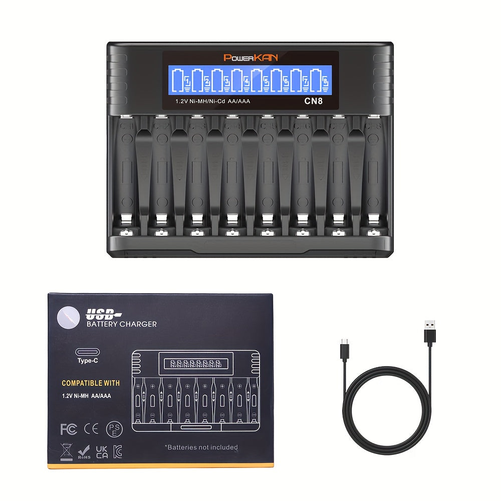 PowerKAN 8-slot AA AAA Battery Charger, 500mA*8-slot High-speed Charging And USB-C Input LED Battery Charger For 1.2V Ni-MH/Ni-CD Rechargeable Batteries (USB-C Cable Included)