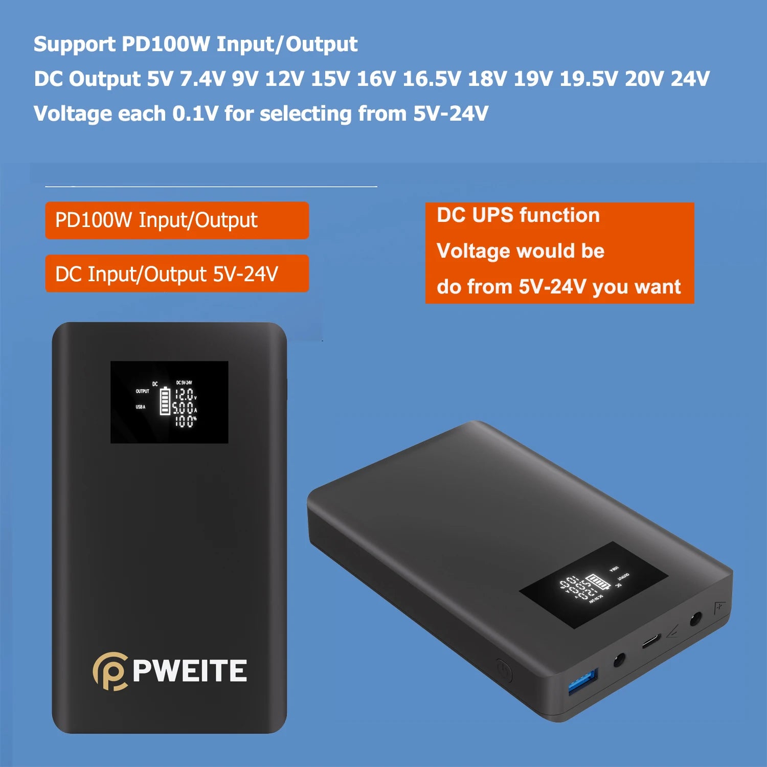 PD100W Solar Pass-through always on Portable Mini DC Power Bank 12v 9v 5v 24v Mini UPS for WiFi Router DVR CCTV Camera Modem ONU