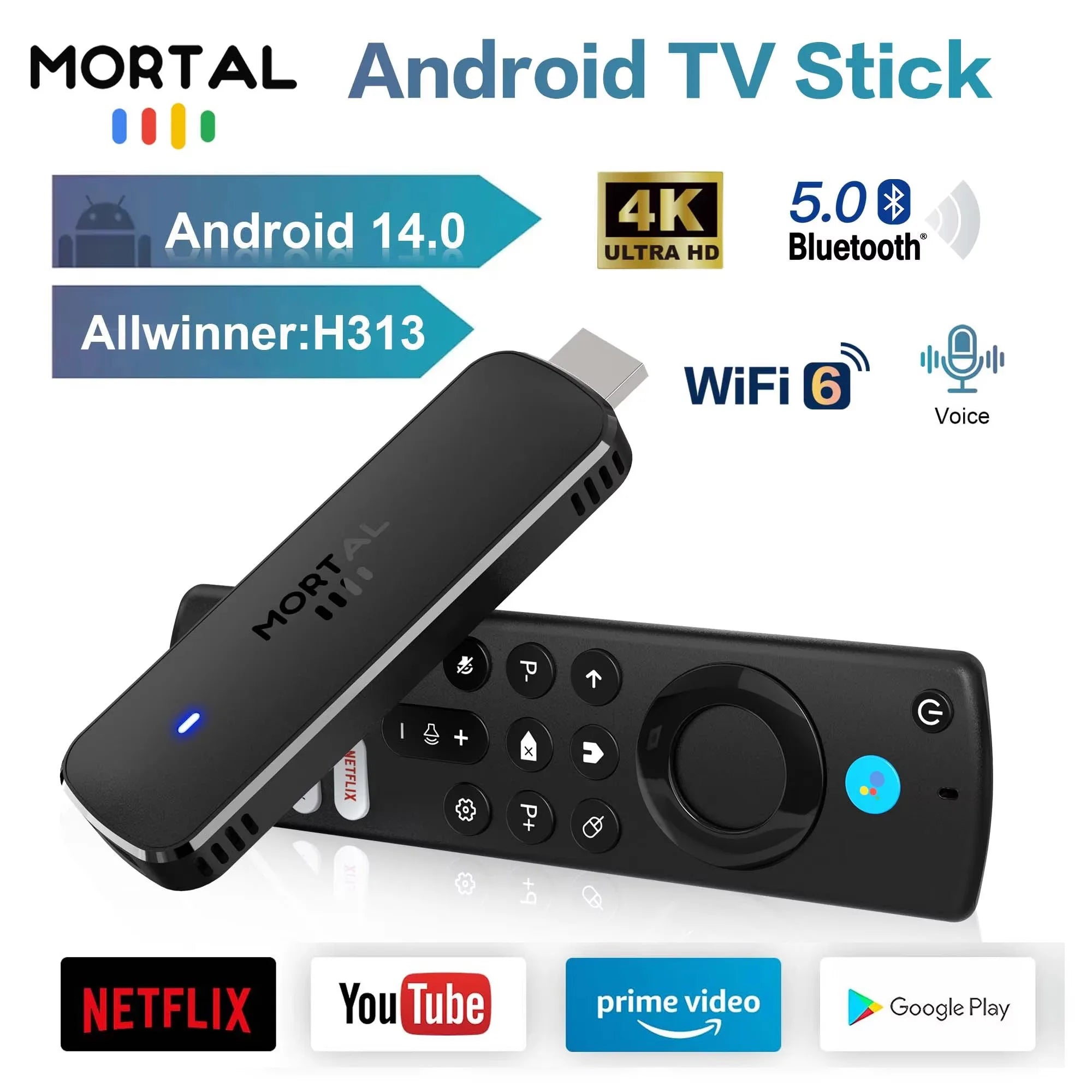 Mortal Q8 Allwinner H313 Quad-core CortexA53 Android14 Support 8K Decoding Bluetooth Voice Remote Control Smart Android TV Stick