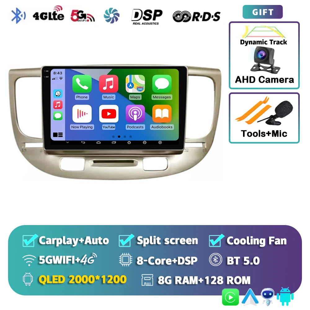 Android 15 Carplay Auto 2K Screen Multimedia Player For Kia RIO 2 RIO2 2005 - 2011 Car Radio Autoradio GPS Stereo 2Din Qualcomm