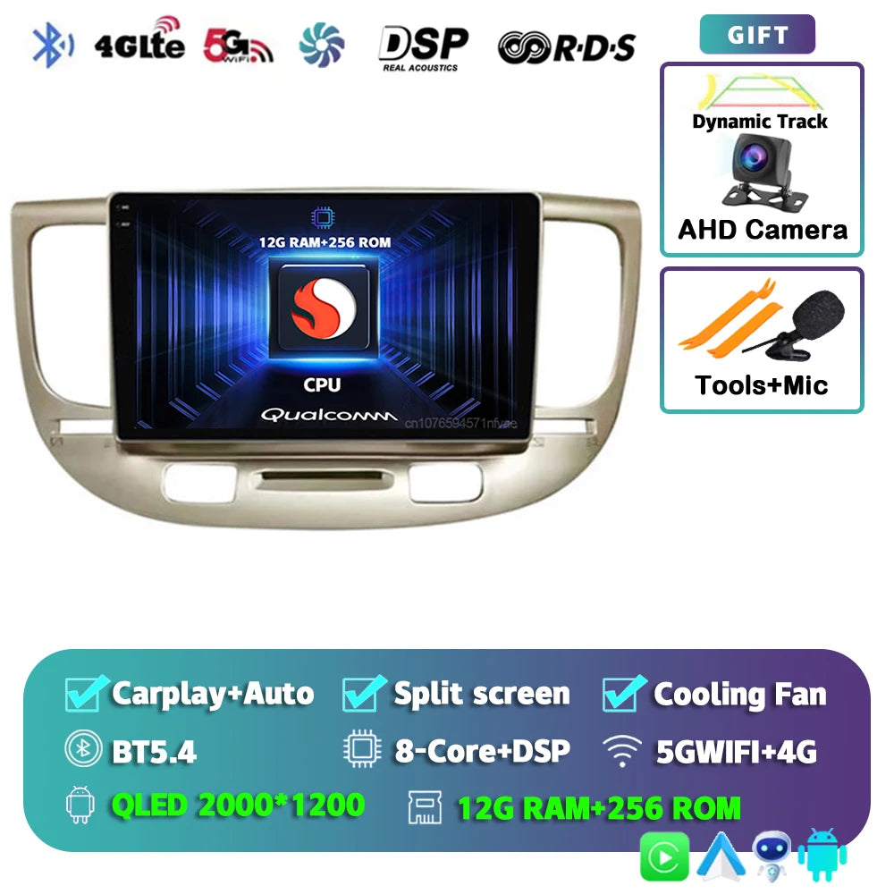 Android 15 Carplay Auto 2K Screen Multimedia Player For Kia RIO 2 RIO2 2005 - 2011 Car Radio Autoradio GPS Stereo 2Din Qualcomm