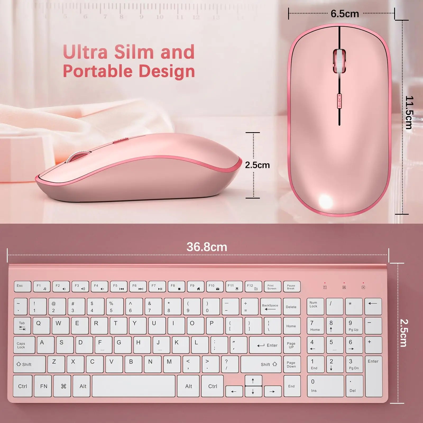 Wireless Keyboard and Mouse,2.4G Full Size and Portable Wireless Keyboard with Numeric Keyboard or Computer/Desktop/Laptop--Pink