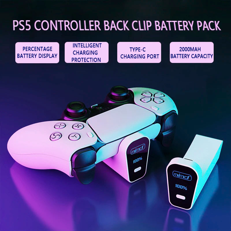 SND-2032 Portable Back Clip Battery Pack (2000mAh Li-ion Battery) for PS5 Controller with LED Digital Display