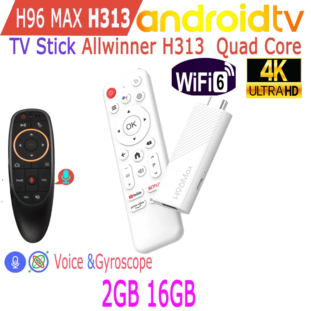 H96 Max H313 Android TV Stick Allwinner Quad Core 4K HDR Wifi6 Voice Assistant 2GB 16GB Game Media Player Smart TV Box