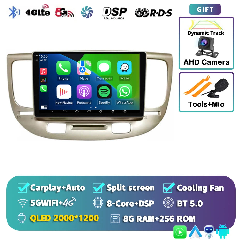 Android 15 Carplay Auto 2K Screen Multimedia Player For Kia RIO 2 RIO2 2005 - 2011 Car Radio Autoradio GPS Stereo 2Din Qualcomm