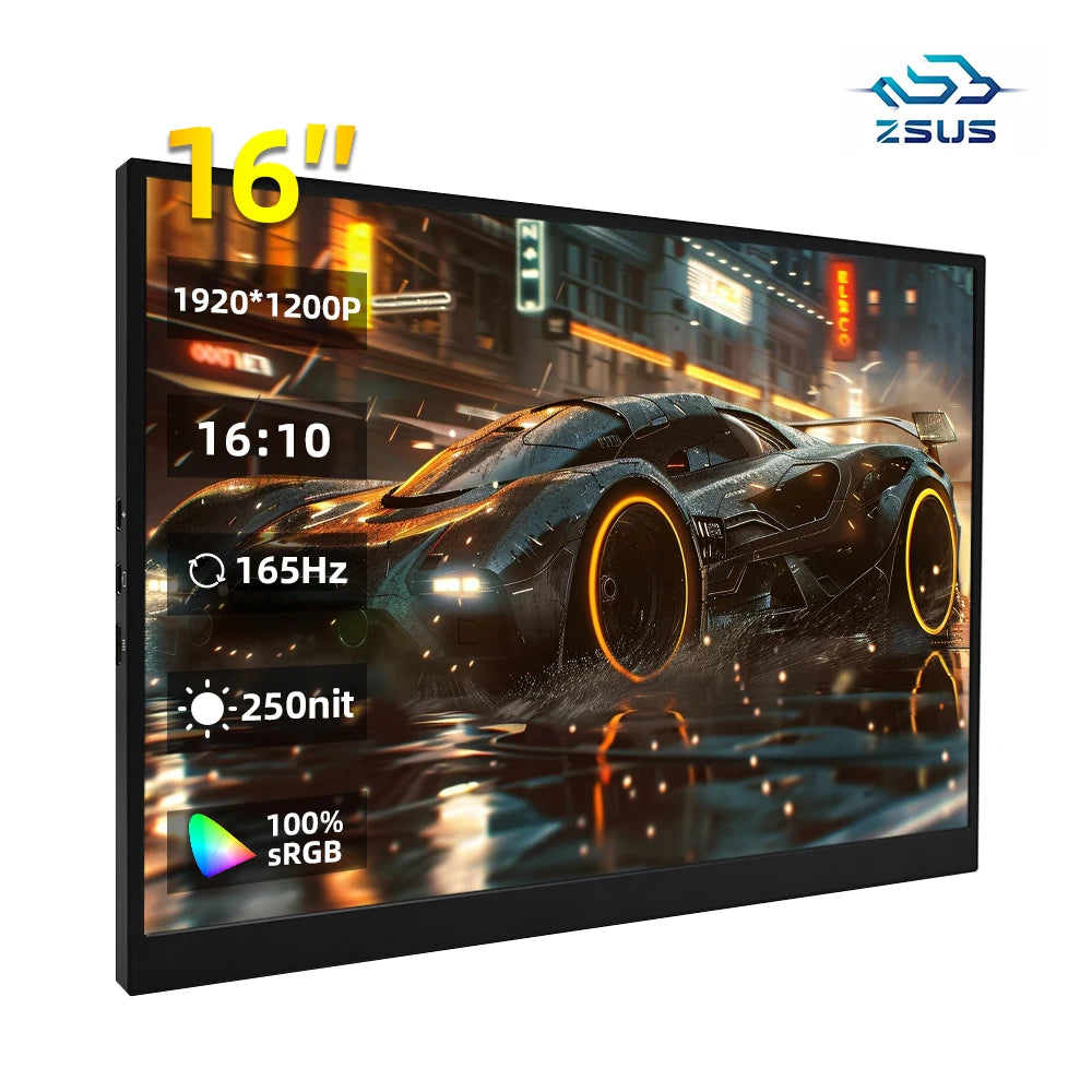 ZSUS  16" Portable Monitor 100%sRGB 1200P IPS 165hz  Gaming Computer Display for Steam Deck Laptop Switch PS4 PS5 Xbox