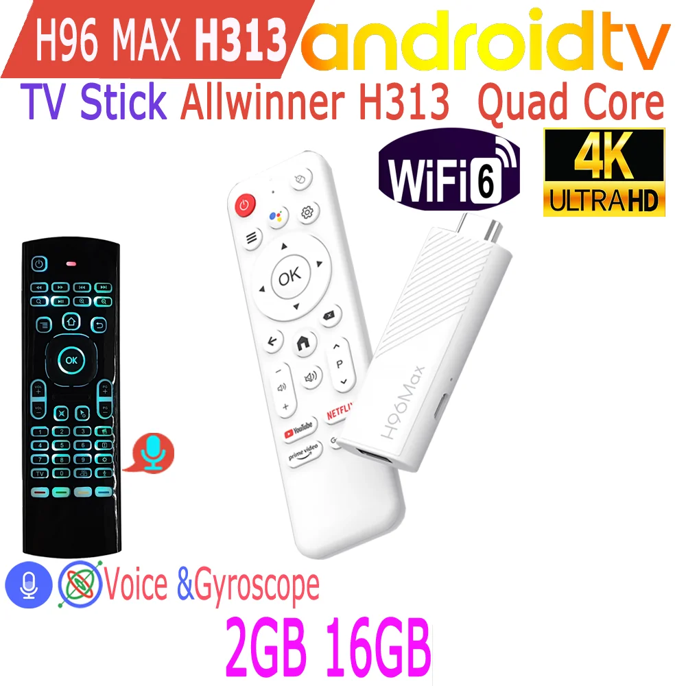 H96 Max H313 Android TV Stick Allwinner Quad Core 4K HDR Wifi6 Voice Assistant 2GB 16GB Game Media Player Smart TV Box