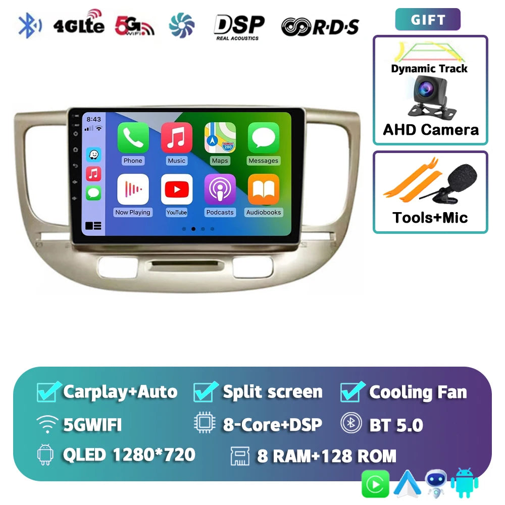 Android 15 Carplay Auto 2K Screen Multimedia Player For Kia RIO 2 RIO2 2005 - 2011 Car Radio Autoradio GPS Stereo 2Din Qualcomm