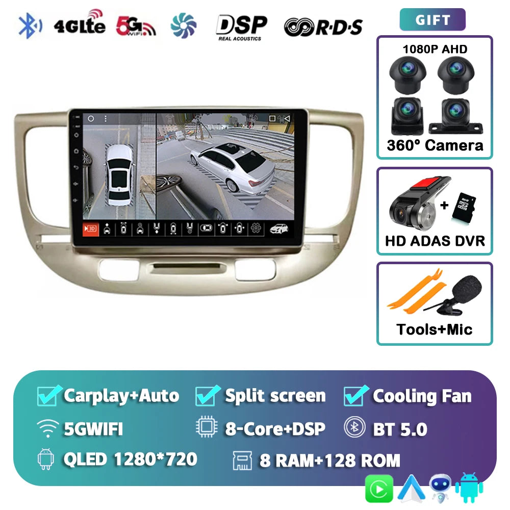 Android 15 Carplay Auto 2K Screen Multimedia Player For Kia RIO 2 RIO2 2005 - 2011 Car Radio Autoradio GPS Stereo 2Din Qualcomm