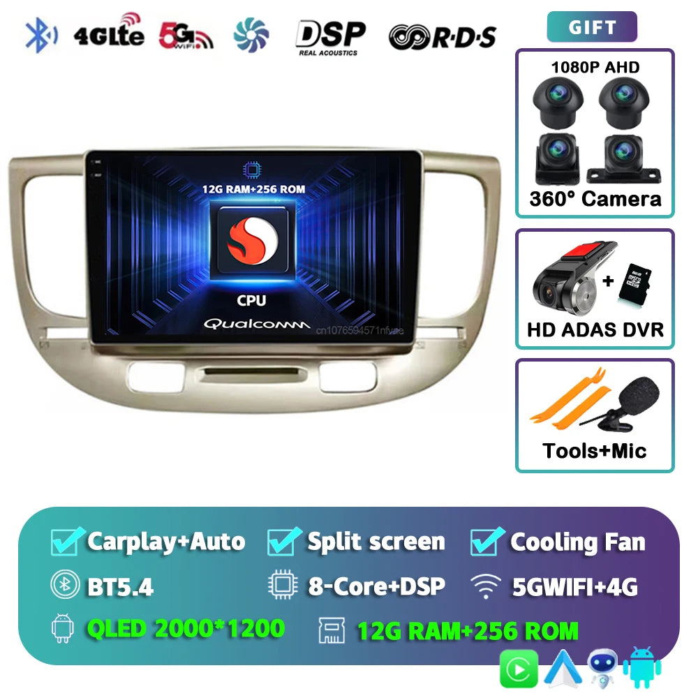 Android 15 Carplay Auto 2K Screen Multimedia Player For Kia RIO 2 RIO2 2005 - 2011 Car Radio Autoradio GPS Stereo 2Din Qualcomm