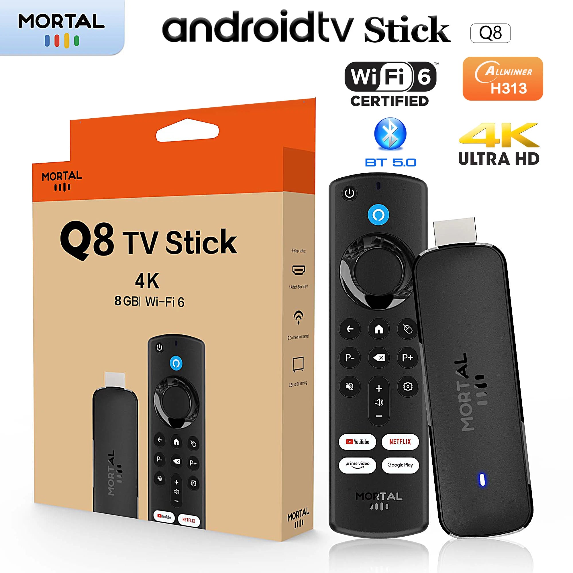 Factory Directly Android14 TV Stick Home theater Mortal Q8 Support 4K@60fps Video Wifi6 Allwinner H313 Quad Core Voice Remote