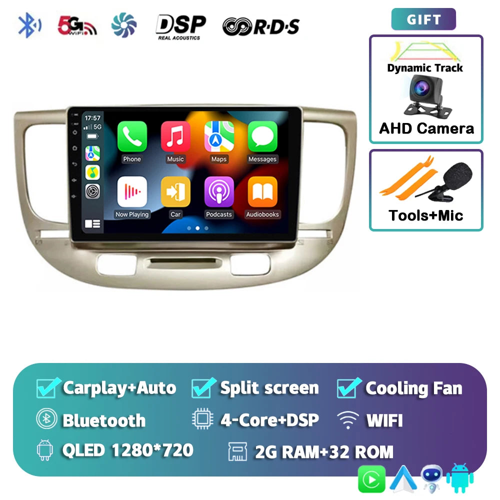 Android 15 Carplay Auto 2K Screen Multimedia Player For Kia RIO 2 RIO2 2005 - 2011 Car Radio Autoradio GPS Stereo 2Din Qualcomm