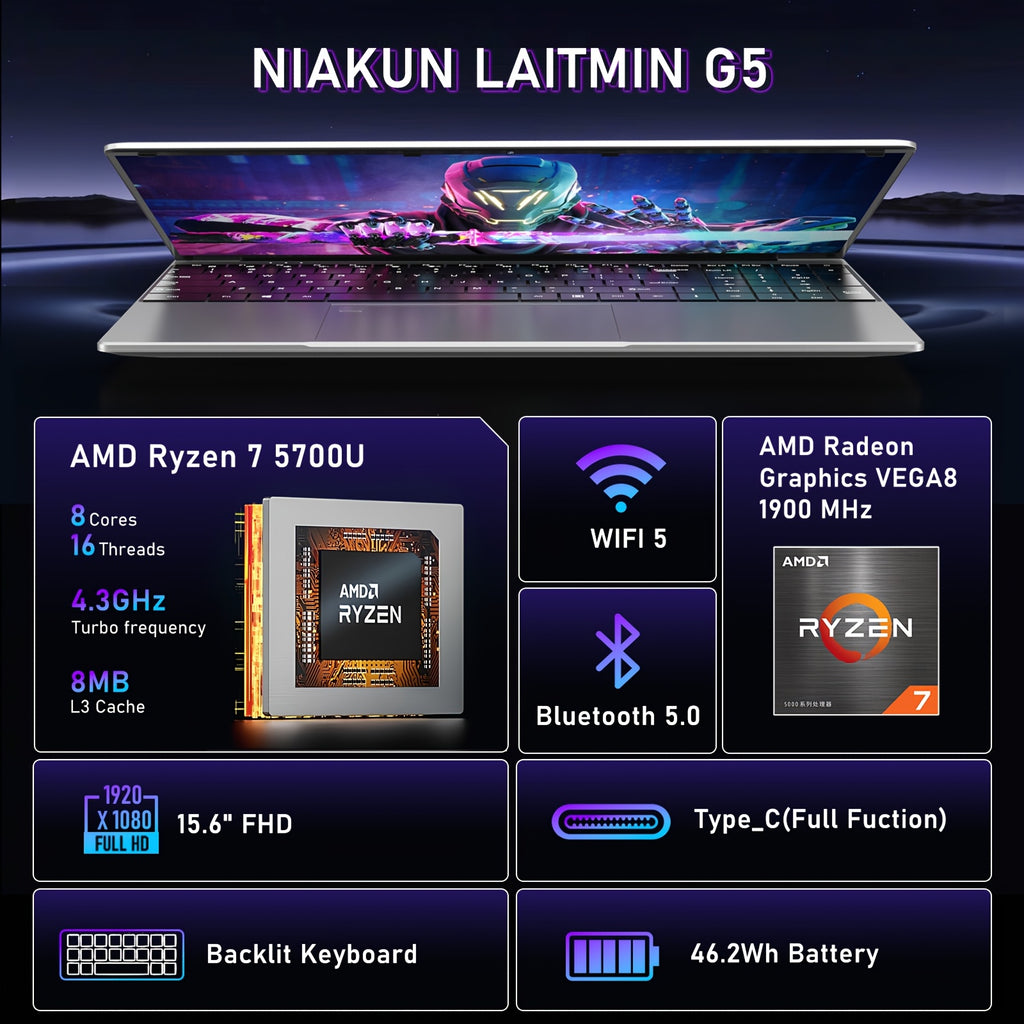 NIAKUN 15.6 Inch Laptop Computer, Gaming Laptop, AMD Ryzen 7 5700U 8C/16T Processor (up To 4.3Ghz), 16GB RAM 1TB SSD, AMD Radeon Graphics, 15.6" FHD 1920 * 1080 Display, WiFi 5, BT5.0, Backlit Keyboard